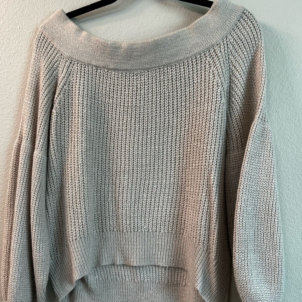 Wide neck, grey, cropped sweater; size medium